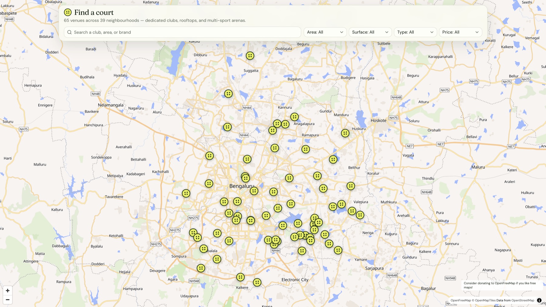 Pickleblr map of pickleball courts across Bengaluru